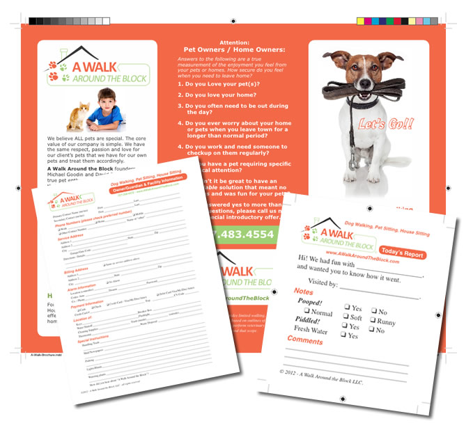 Branded print media work provided in a brochure, business cards, t-shirts and more